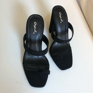 Strappy Black One Toe Loop Block Heels